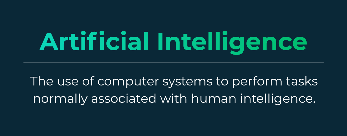 Graphic defining artificial intelligence as the use of computer systems to perform tasks normally associated with human intelligence.