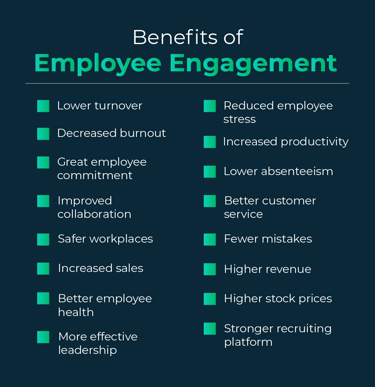 Graphic listing 16 reasons why employee engagement is important.